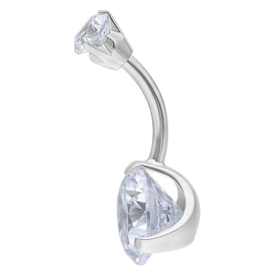 Silbernes Bauchnabelpiercing mit Kristallklaren Steinen Silbernes Bananabell-Piercing mit großen klaren Kristallen auf weißem Hintergrund