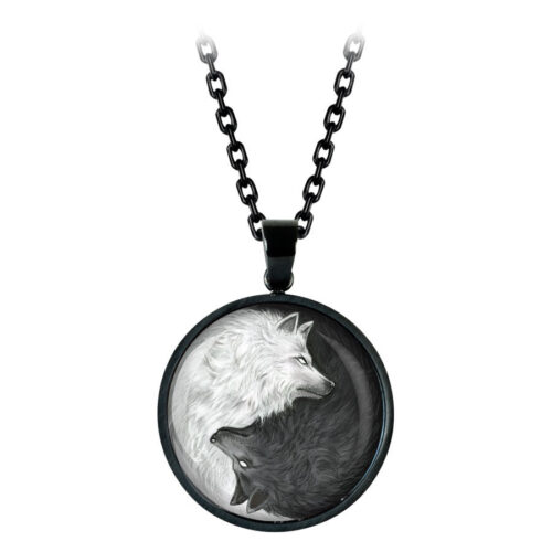 Runde Kette mit schwarzem und weißem Wolfsmotiv, schwarzer Edelstahl