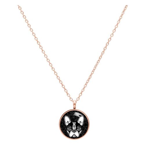Roségoldene Kette mit rundem Anhänger, Bulldoggenmotiv auf schwarzem Hintergrund