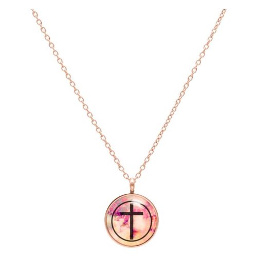 Roségoldene Kette mit rundem Anhänger, schwarzes Kreuz auf buntem Hintergrund