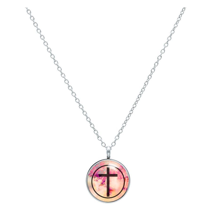 Cross Black Pink Kette aus Chirurgenstahl Silberne Kette mit rundem Anhänger, schwarzes Kreuz auf pinkem Hintergrund