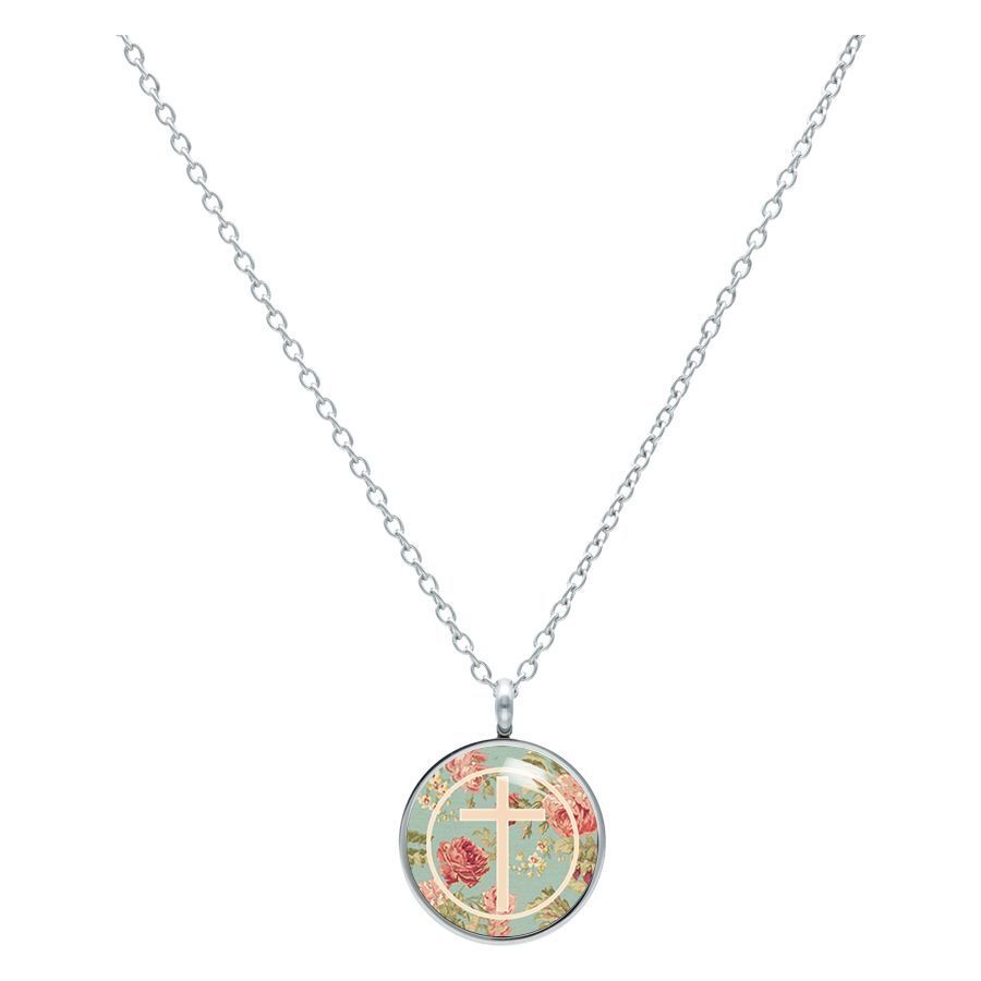 Cross Roses Mint Kette aus Chirurgenstahl Silberne Kette mit rundem Anhänger, Kreuzmotiv und Rosen auf mintfarbenem Hintergrund
