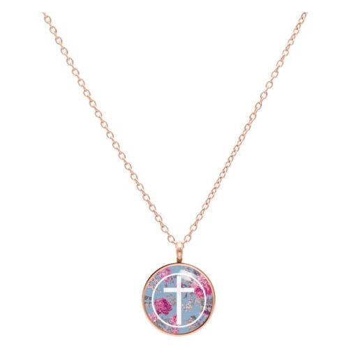 Kette mit rundem Anhänger in Roségold, blauem Hintergrund und Kreuzmotiv mit Rosen