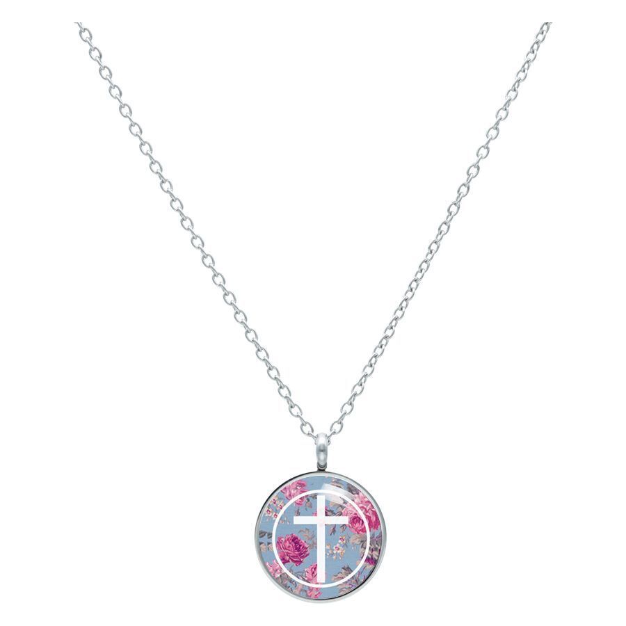 Silberne Cross Roses Blue Kette Anhänger Silberne Kette mit rundem Anhänger, blauem Hintergrund und rosa Rosenmuster