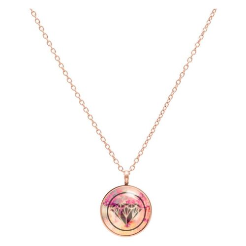 Roségoldene Kette mit rundem Anhänger, Diamantmuster, weißer Hintergrund
