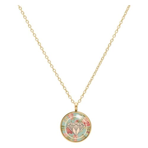 Goldene Kette mit rundem Anhänger, Diamantmotiv auf mintfarbenem Hintergrund