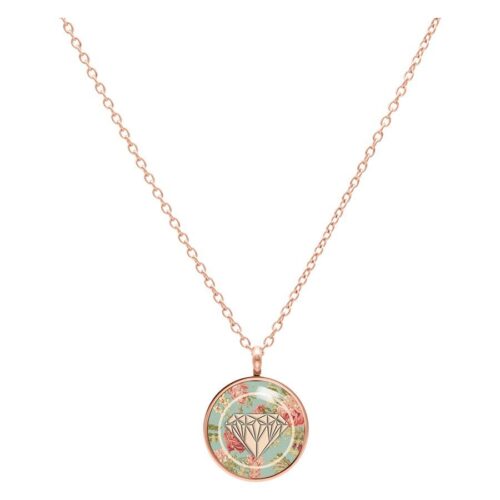 Roségoldene Halskette mit rundem Anhänger, mintgrüner Hintergrund und Diamantmuster