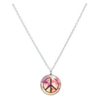 Silberne Kette mit Peace-Anhänger in Schwarz und Pink auf weißem Hintergrund