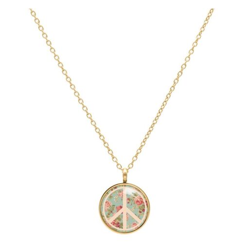 Goldene Kette mit rundem Anhänger, Peace-Symbol und Rosenmotiv auf mintfarbenem Hintergrund