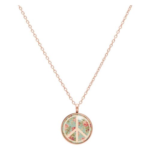 Roségoldene Kette mit mintfarbenem Peace-Anhänger und Blumenmuster