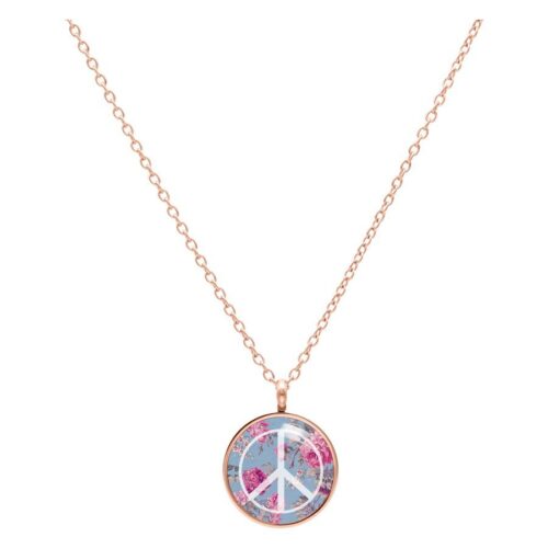 Roségoldene Kette mit blauem Peace-Anhänger auf weißem Hintergrund