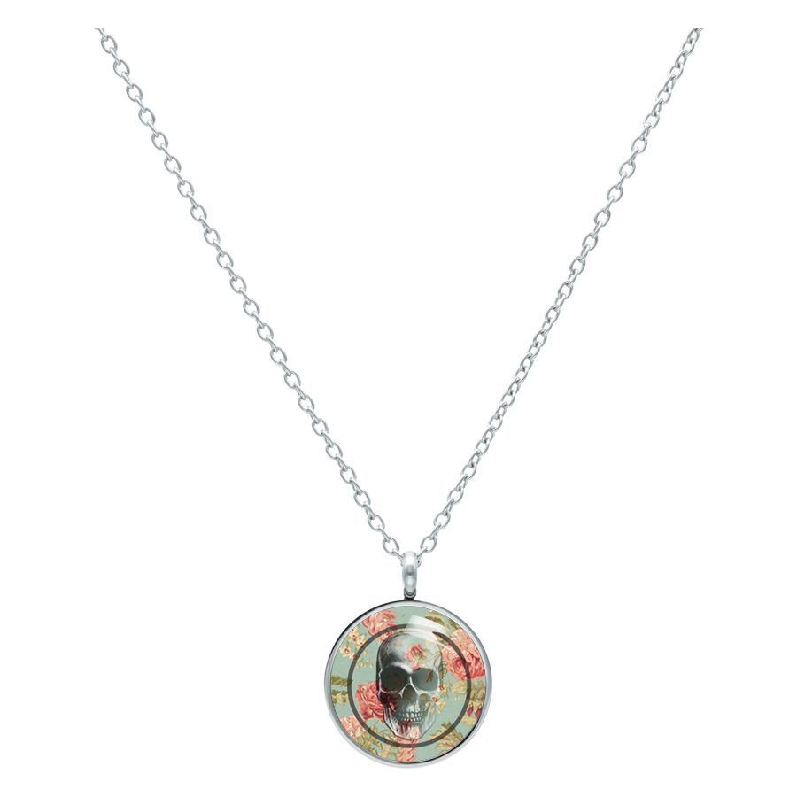 Skull Roses Mint Kette aus Chirurgenstahl Kette mit Totenkopf-Anhänger und Rosenmotiv, mintfarbener Hintergrund