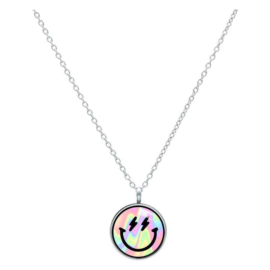 Smiley Kette aus Chirurgenstahl in Silber Silberne Kette mit rundem Smiley-Anhänger auf weißem Hintergrund