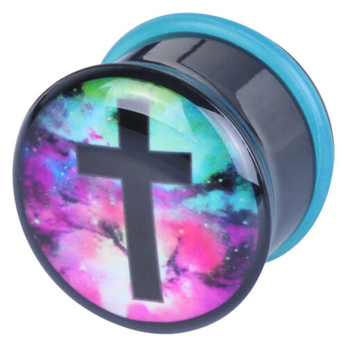 Bunter Galaxy Cross Plug aus Acryl mit Kreuzmotiv auf weißem Hintergrund