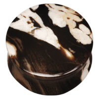 Peanut Plug aus Fossil für Ohr Runder Peanut Plug aus Fossil in Schwarz und Weiß auf weißem Hintergrund