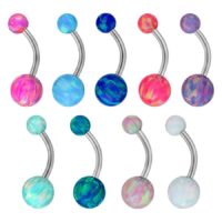 Double Opal Bananabell in bunten Farben Bauchnabelpiercing mit bunten synthetischen Opalkugeln auf weißem Hintergrund