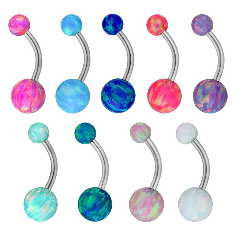 Double Opal Bananabell in bunten Farben Bauchnabelpiercing mit bunten synthetischen Opalkugeln auf weißem Hintergrund