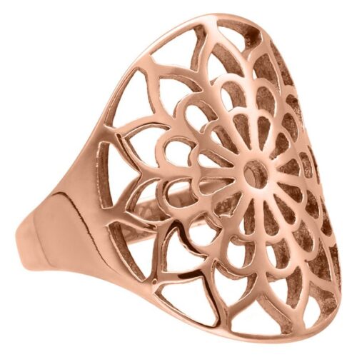 Roségoldener Boho-Blumenring mit floralen Mustern auf weißem Hintergrund