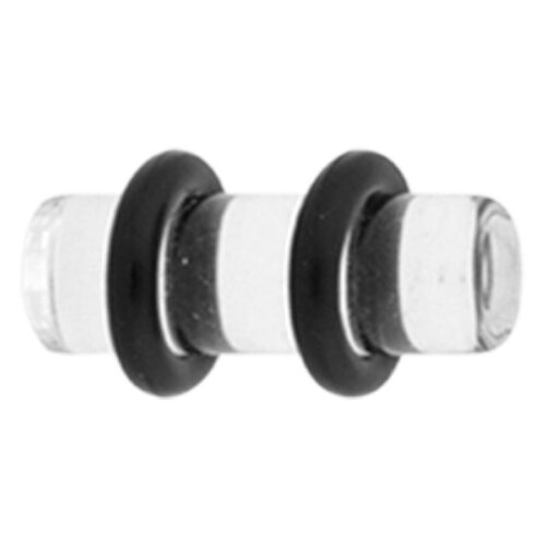 Transparenter PMMA Plug, 5,0 mm, mit zwei schwarzen Ringen, auf weißem Hintergrund