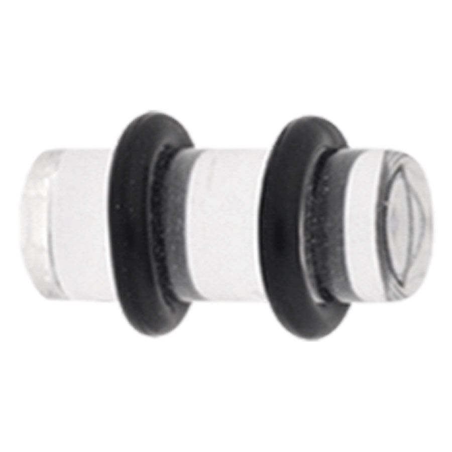 Klarer PMMA Plug mit schwarzen Ringen Transparenter PMMA Plug mit zwei schwarzen O-Ringen auf weißem Hintergrund
