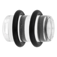 Klarer PMMA Plug mit schwarzen Ringen Klarer PMMA Plug mit zwei schwarzen Gummiringen auf weißem Hintergrund