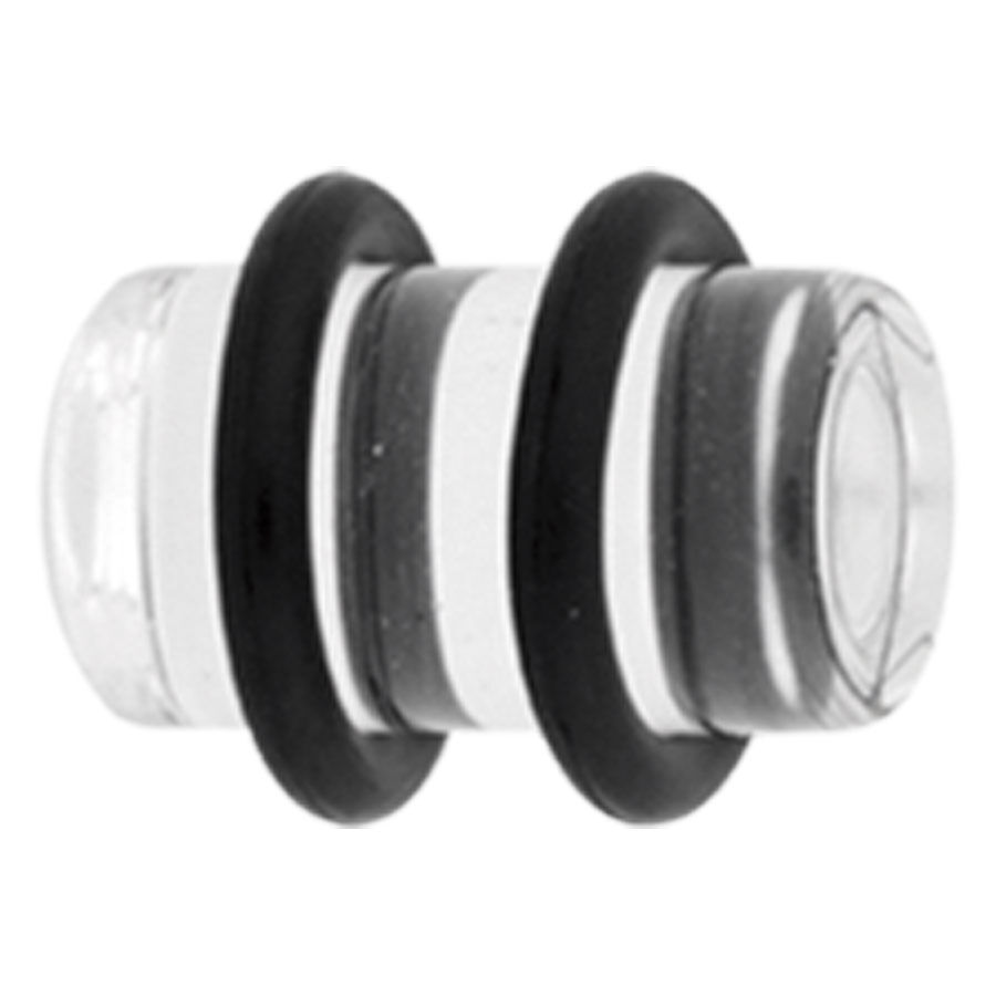 Klarer PMMA Plug mit schwarzen Ringen Klarer PMMA Plug mit zwei schwarzen Gummiringen auf weißem Hintergrund
