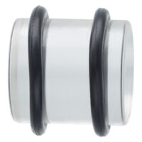 Klarer Plug aus PMMA mit schwarzen Ringen Transparenter PMMA-Plug mit zwei schwarzen Gummiringen, auf weißem Hintergrund
