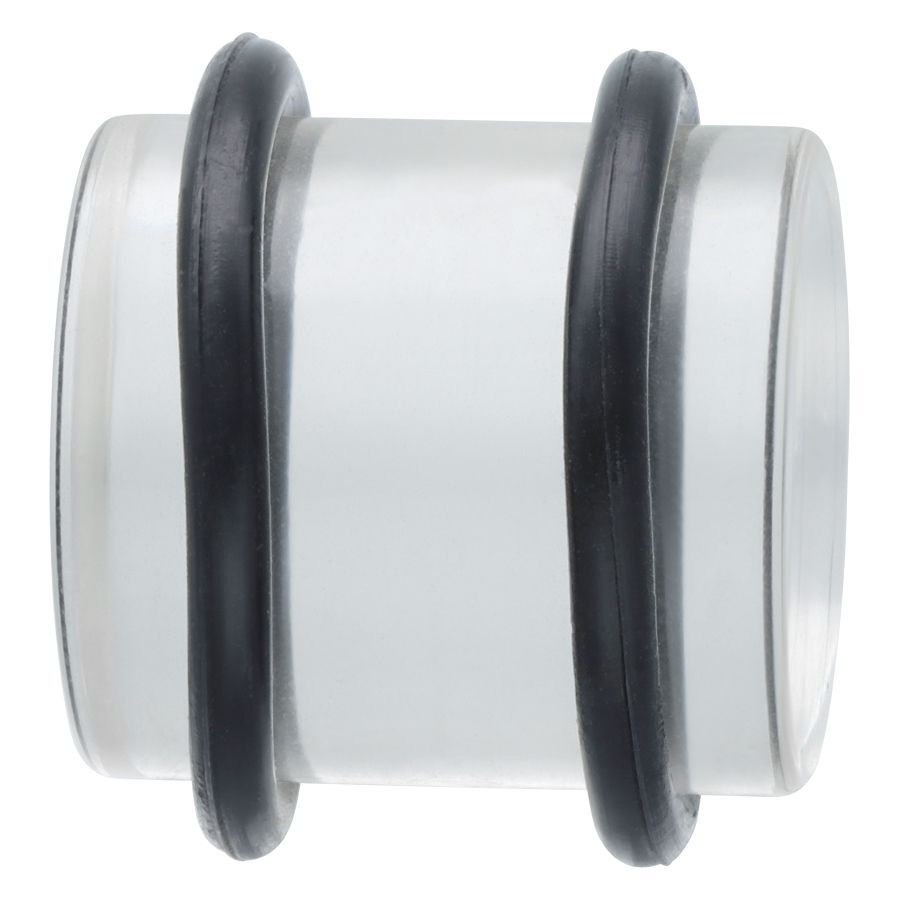 Klarer Plug aus PMMA mit schwarzen Ringen Transparenter PMMA-Plug mit zwei schwarzen Gummiringen, auf weißem Hintergrund