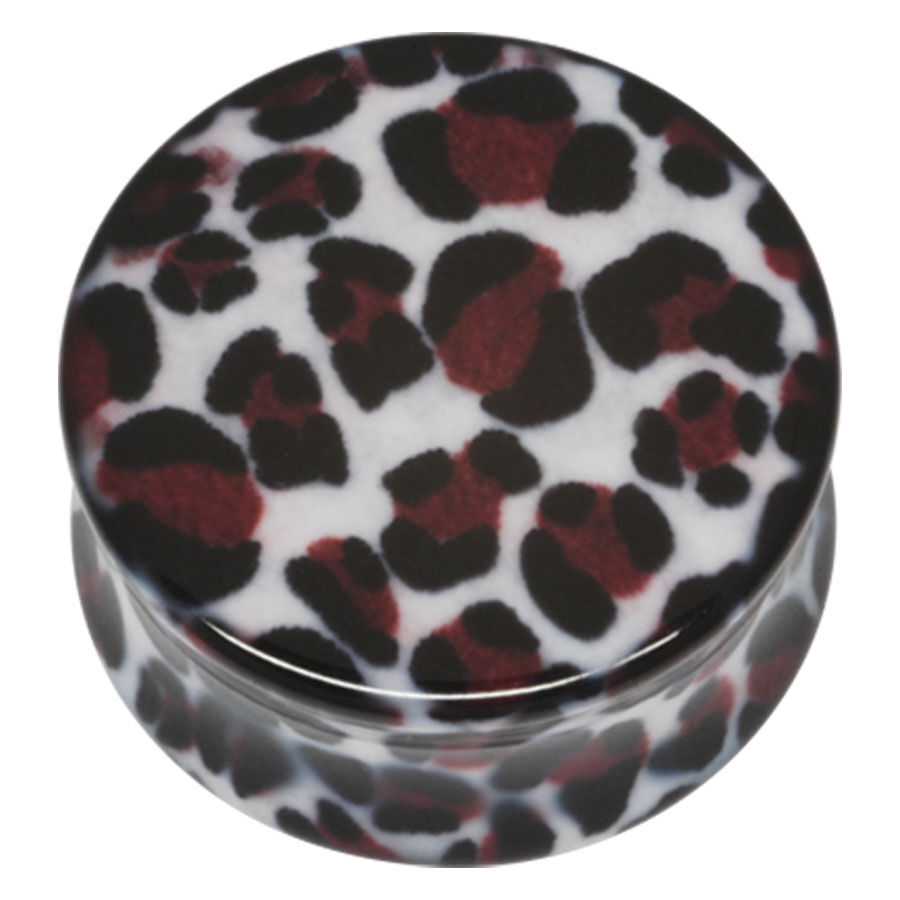 Leopard Plug aus PMMA in Wildkatzen-Optik Leopard Plug aus PMMA mit Muster in Schwarz und Rot auf weißem Hintergrund