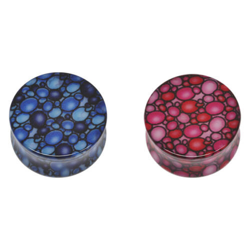 Zwei Bubbles Plugs in Blau und Rot auf weißem Hintergrund