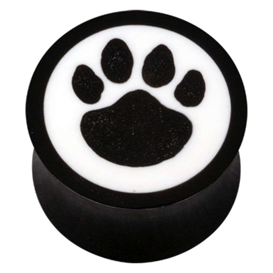 Buffalo Horn Paw Plug in Schwarz-Weiß Runder Plug mit schwarzer Pfotenabdruck auf weißem Hintergrund aus Horn