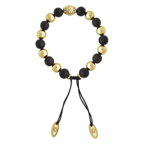 Unisex Armband mit goldenen und schwarzen Perlen auf weißem Hintergrund