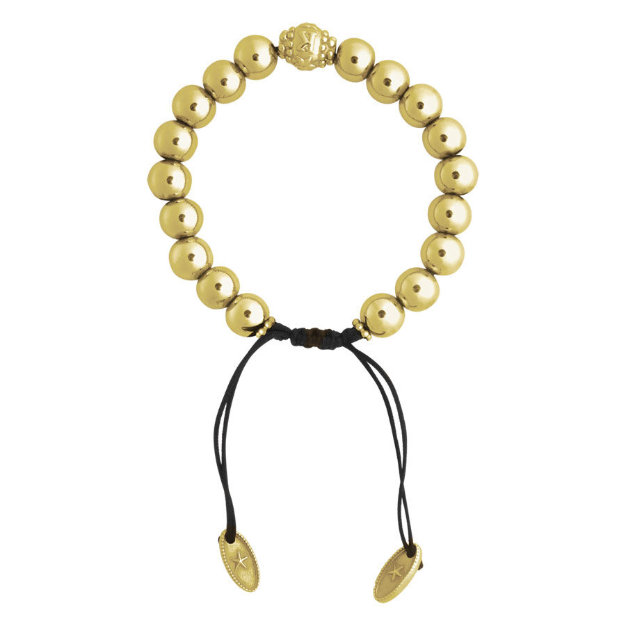 Goldenes Armband aus Chirurgenstahl, 160mm Goldenes Armband mit runden Perlen und schwarzem Band auf weißem Hintergrund
