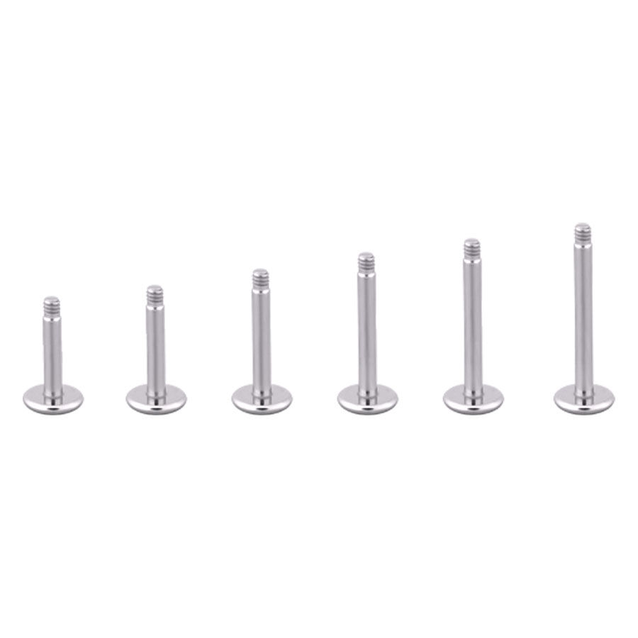 Silbernes Titan Labret ohne Kugel Sechs silberne Titan Labrets mit Außengewinde auf weißem Hintergrund