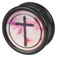 Cross Black Pink Plug aus PMMA Schwarzer Plug mit rosa Kreuzdesign auf weißem Hintergrund