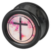 Wildcat Plug mit schwarzem Kreuzmotiv Schwarzer PMMA-Plug mit rosa Hintergrund und schwarzem Kreuz