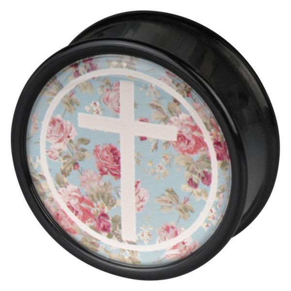 Schwarzer Plug mit Kreuz und Rosenmotiv auf mintfarbenem Hintergrund
