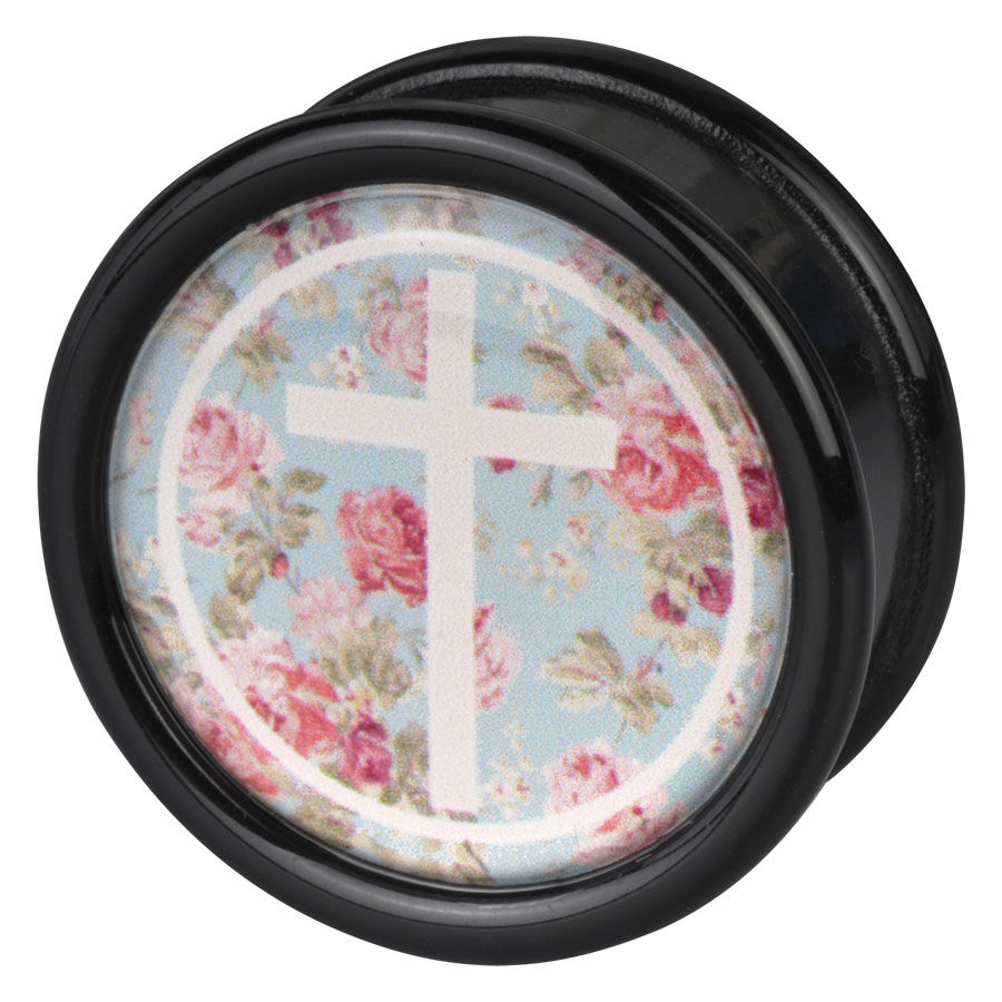 Schwarzer Plug mit mintfarbenem Hintergrund und Rosenkreuz-Motiv