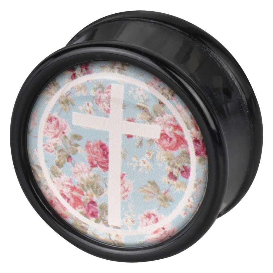 Schwarzer Plug mit Kreuz und Rosenmuster auf mintfarbenem Hintergrund