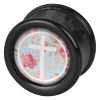 Schwarzer Plug mit Kreuz und Rosenmotiv auf hellem Hintergrund