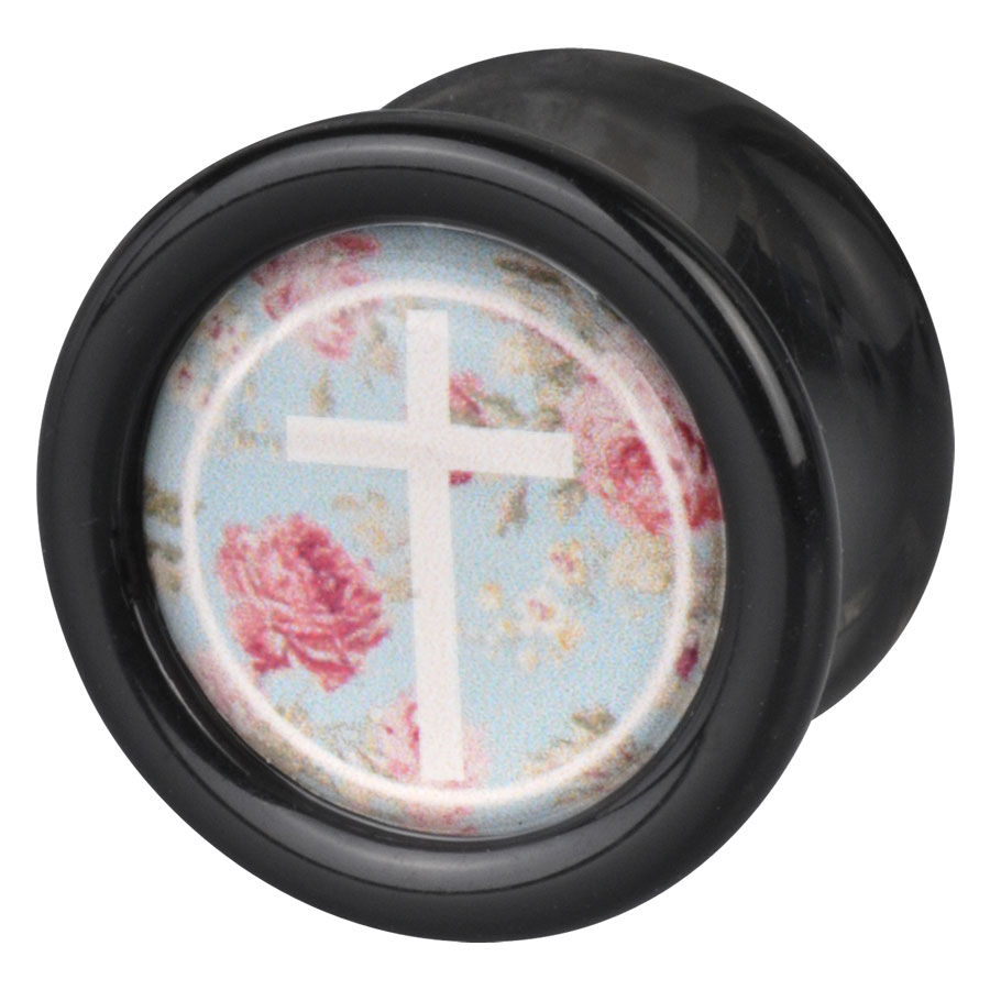 Schwarzer Plug mit Kreuzmotiv und Rosen auf mintfarbenem Hintergrund