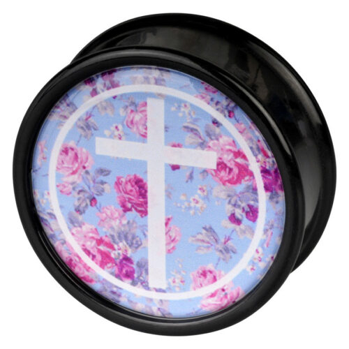 Schwarzer Wildcat Plug mit rosa Rosenmuster und Kreuz auf blauem Hintergrund