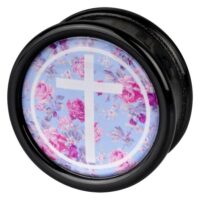 Cross Pink Roses Plug aus PMMA Schwarzer Plug mit Kreuz und rosa Rosen auf blauem Hintergrund