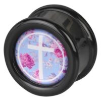 Cross Pink Roses Plug in Blau Schwarzer Plug mit rosa Rosen und weißem Kreuz auf blauem Hintergrund