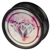 Schwarzer Plug mit Diamantmotiv 14-28mm Schwarzer Plug aus PMMA mit pinkem Diamantdesign auf weißem Hintergrund