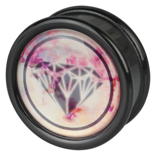 Schwarzer PMMA Plug mit rosa und schwarzem Diamantmotiv auf weißem Hintergrund