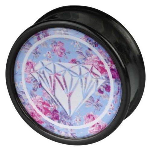 Schwarzer Plug mit rosa Rosen und Diamanten auf blauem Hintergrund