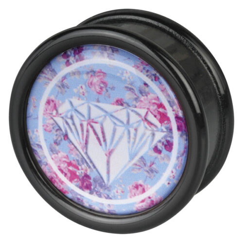 Schwarzer Plug mit blauem Hintergrund, rosa Rosen und weißem Diamantmotiv