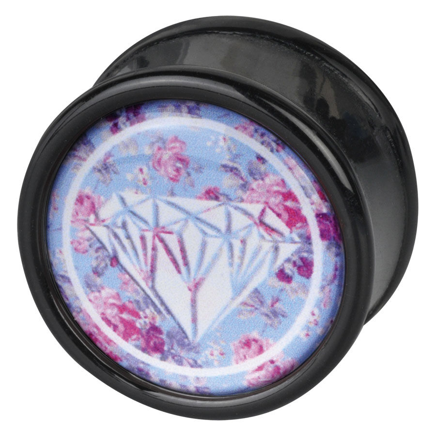 Wildcat Plug mit rosa Diamantmotiv Schwarzer Plug aus PMMA mit rosa Diamantmotiv auf blauem Hintergrund