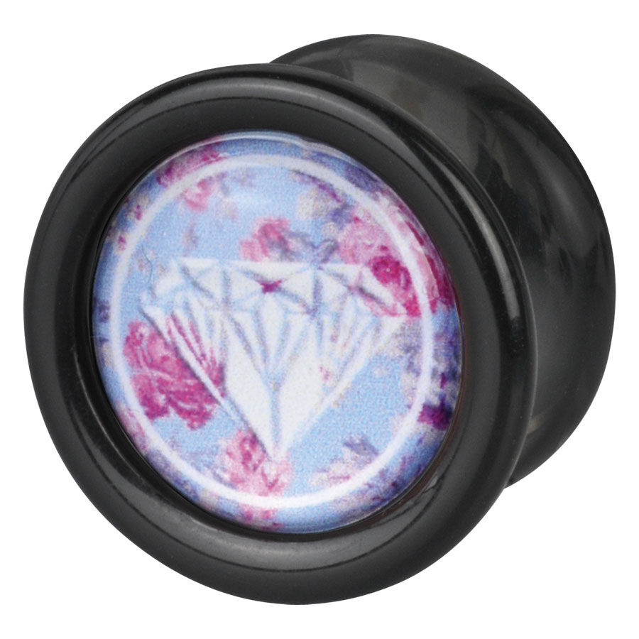 Wildcat Plug mit Diamant und Rosenmotiv Schwarzer Plug mit blauem Hintergrund, rosa Rosen und weißem Diamantmotiv